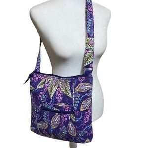 Vera Bradley Purple and Green Batik Leaves Crossbody Bag.